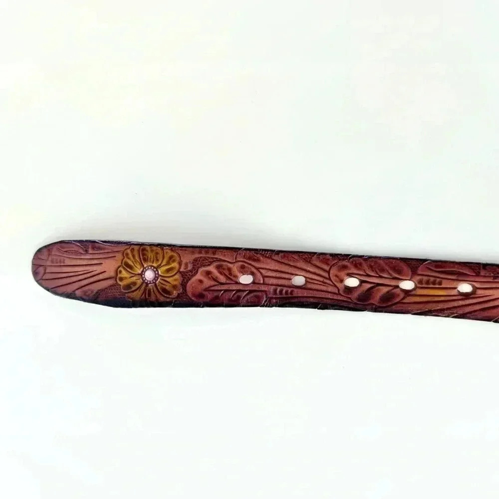 Tooled Leather Floral Belt with Purple and Yellow Flowers Size 38 - Picture 10 of 11